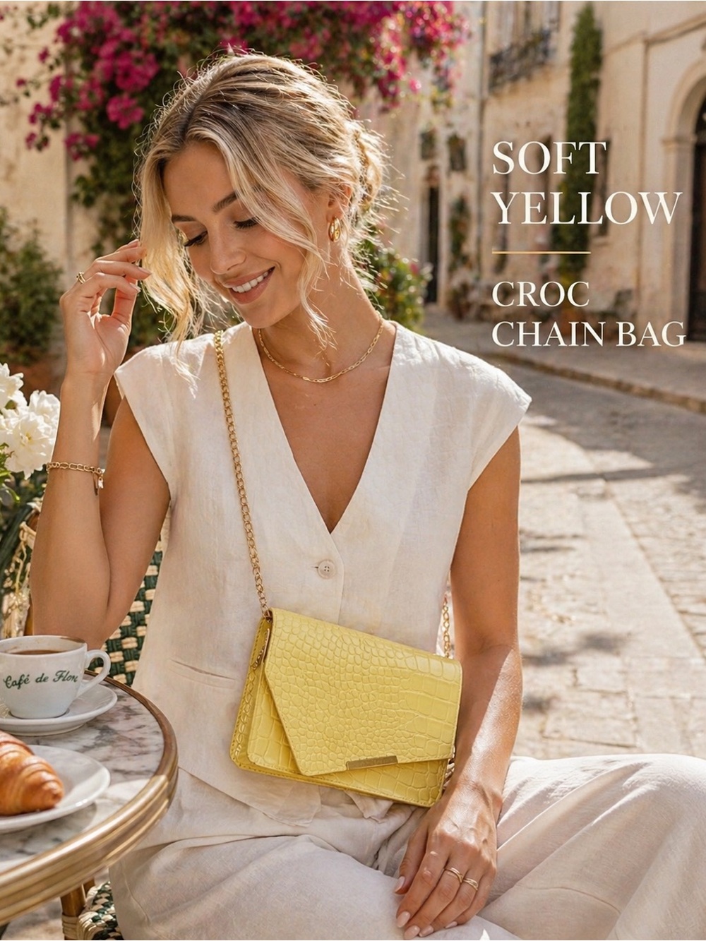Soft Yellow Faux Croc Chain Bag ✨ Chic Croc Embossed Crossbody Clutch Euro Luxe